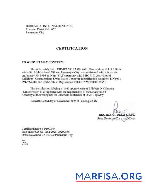 Realistic Philippines tax certification Word and PDF template